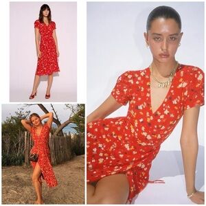 Realisation Par The Teale Rouge Fleur Floral Tea 100% Silk Wrap Red Midi Dress​